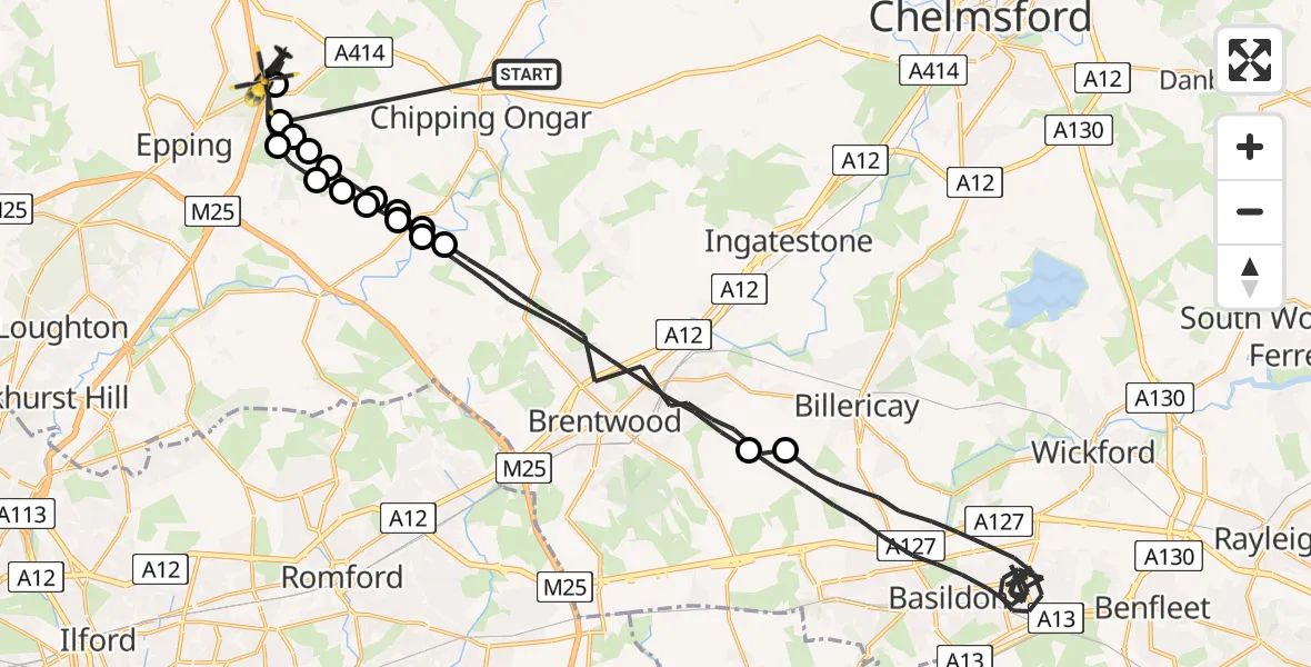 Flight path map showing Police Helicopter route from High Ongar to North Weald Airfield