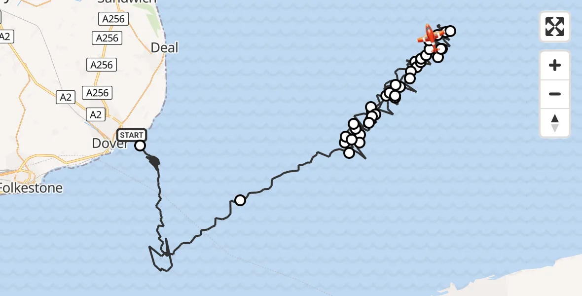Flight path map showing Coastguard Drone route from Dover to North Sea