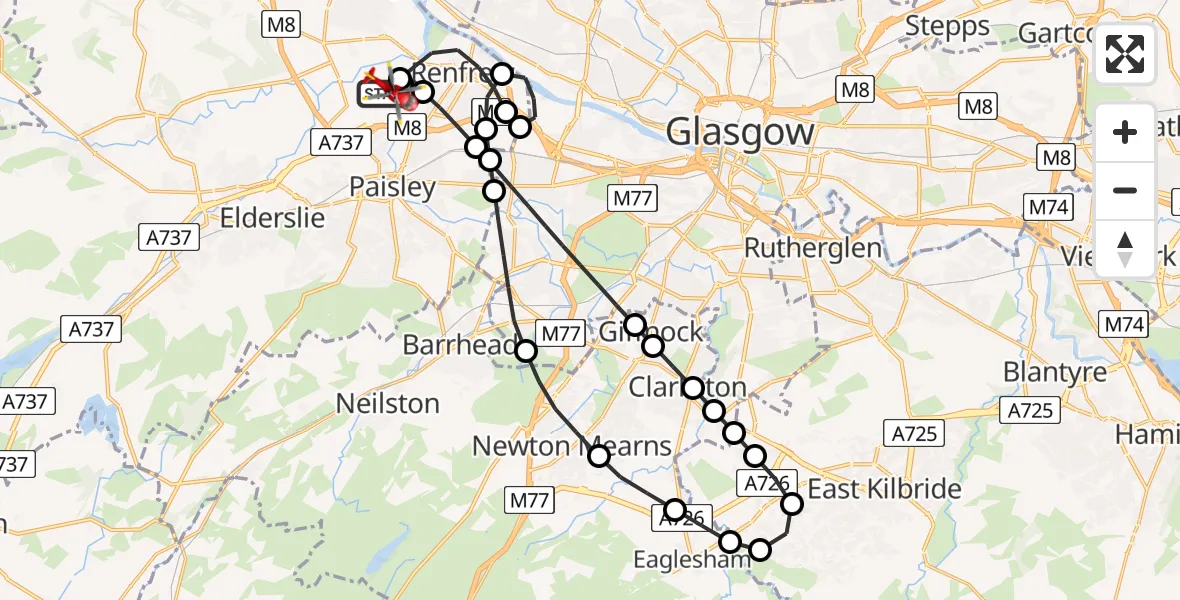 Flight path map showing Air Ambulance Helicopter route from Glasgow Airport to Glasgow Airport