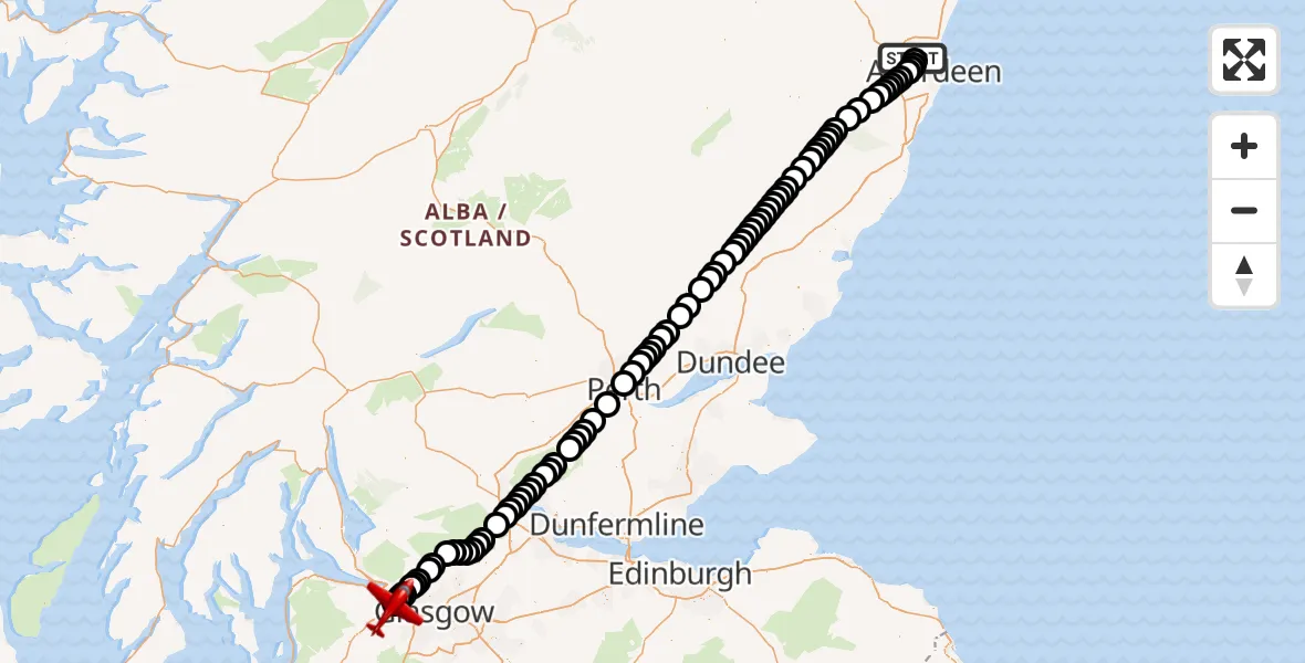 Flight path map showing Air Ambulance Aircraft route from Bankhead to Glasgow Airport