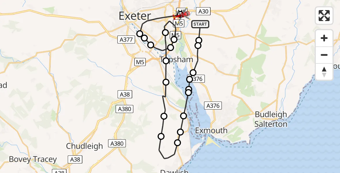 Flight path map showing Air Ambulance Helicopter route from Clyst Honiton to Clyst St Mary