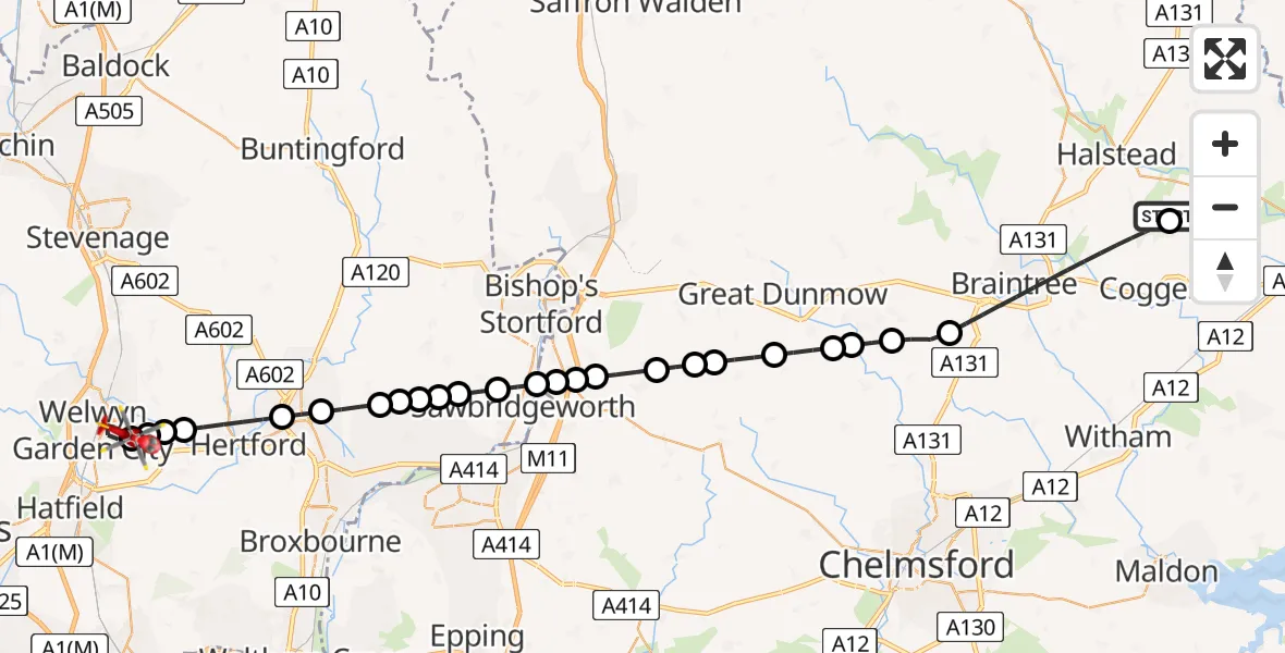 Flight path map showing Air Ambulance Helicopter route from Earls Colne Airfield to Welwyn Garden City