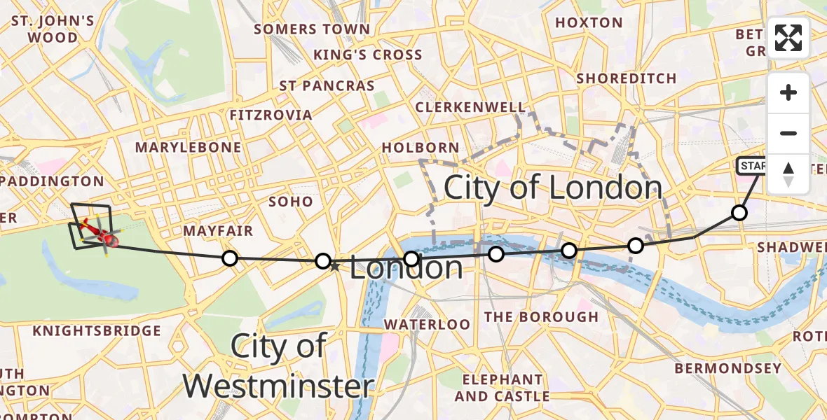 Flight path map showing Air Ambulance Helicopter route from Royal London Hospital to City of Westminster