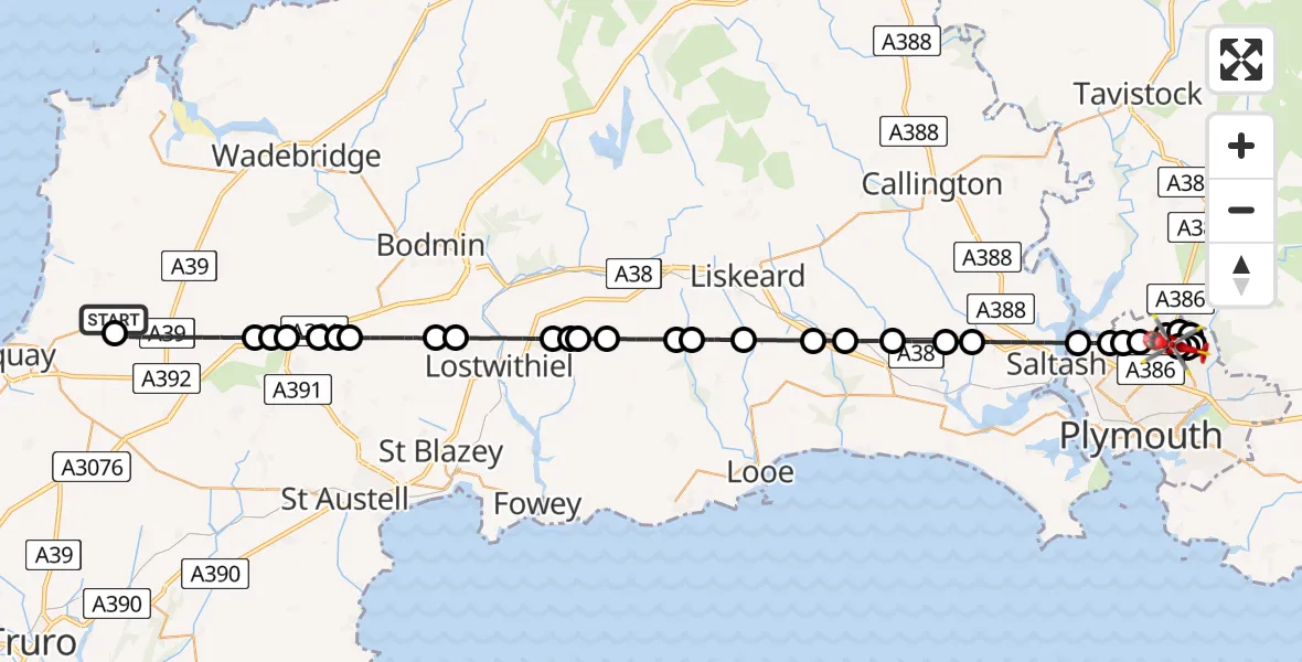Flight path map showing Air Ambulance Helicopter route from Cornwall Airport Newquay to Derriford Hospital