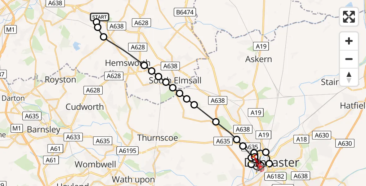 Flight path map showing Air Ambulance Helicopter route from YAA Nostell Helicopter Port to Cusworth