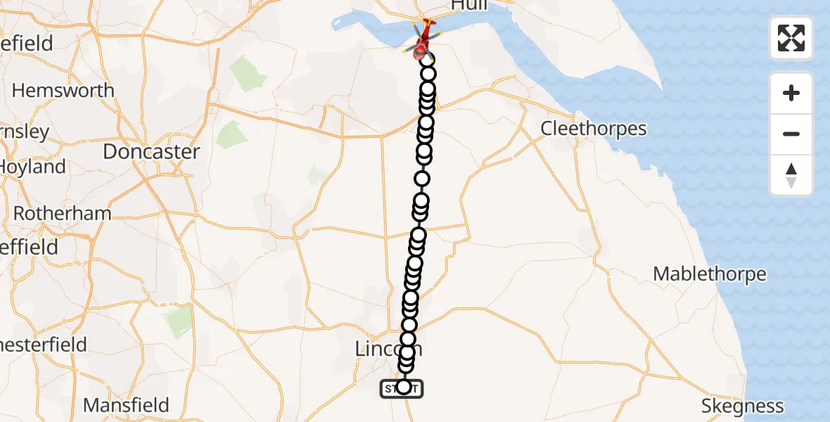 Flight path map showing Air Ambulance Helicopter route from RAF Waddington to Barton-upon-Humber