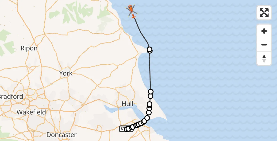 Flight path map showing Coastguard Helicopter route from Humberside Airport to North Sea