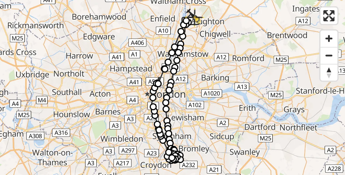 Flight path map showing Police Helicopter route from Chingford to Sewardstonebury