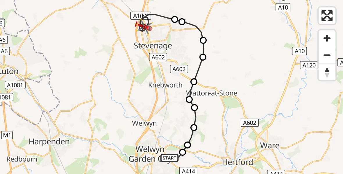 Flight path map showing Air Ambulance Helicopter route from Welwyn Garden City to Stevenage