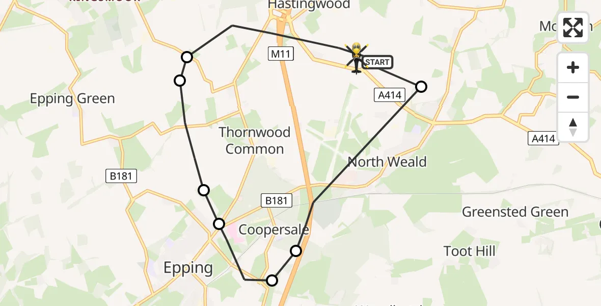 Flight path map showing Police Helicopter route from North Weald Bassett to North Weald Bassett