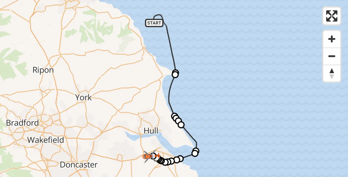 Flight path map showing Coastguard Helicopter route from North Sea to Great Limber CP