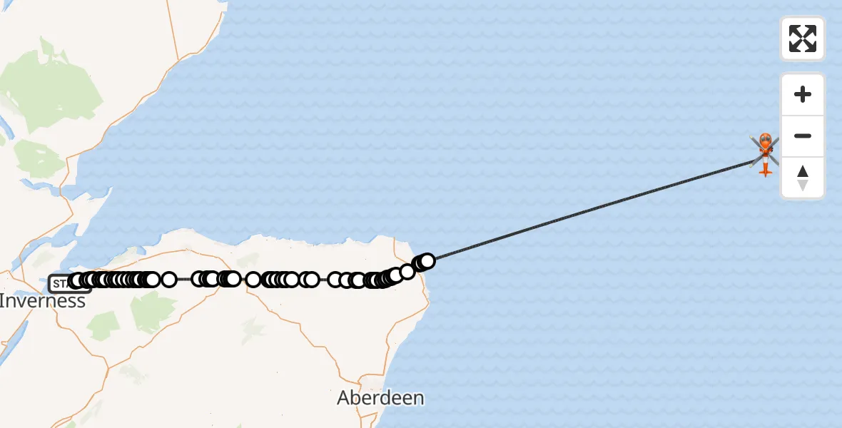 Flight path map showing Coastguard Helicopter route from Inverness Airport to North Sea