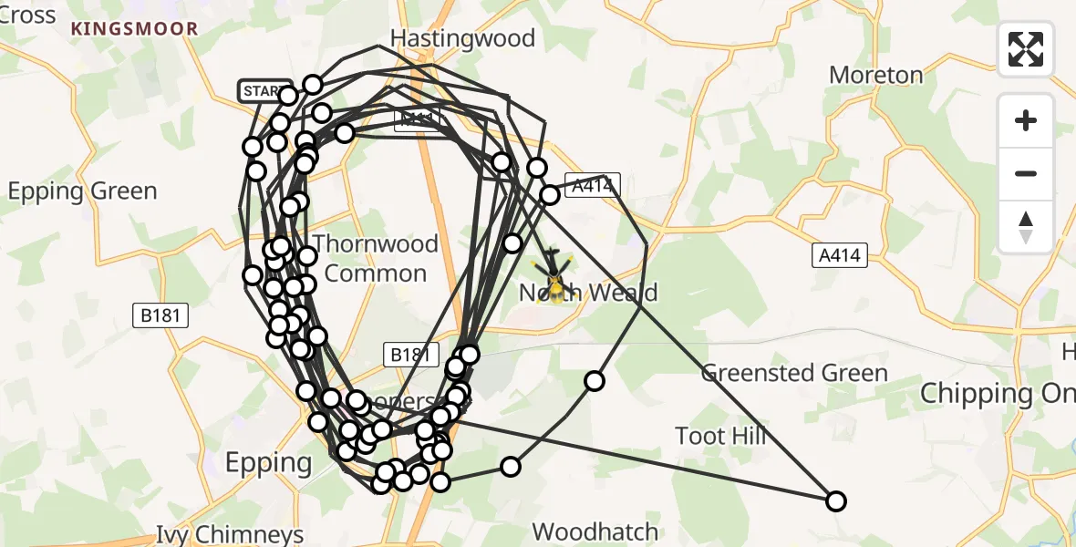Flight path map showing Police Helicopter route from Epping Forest to North Weald Bassett