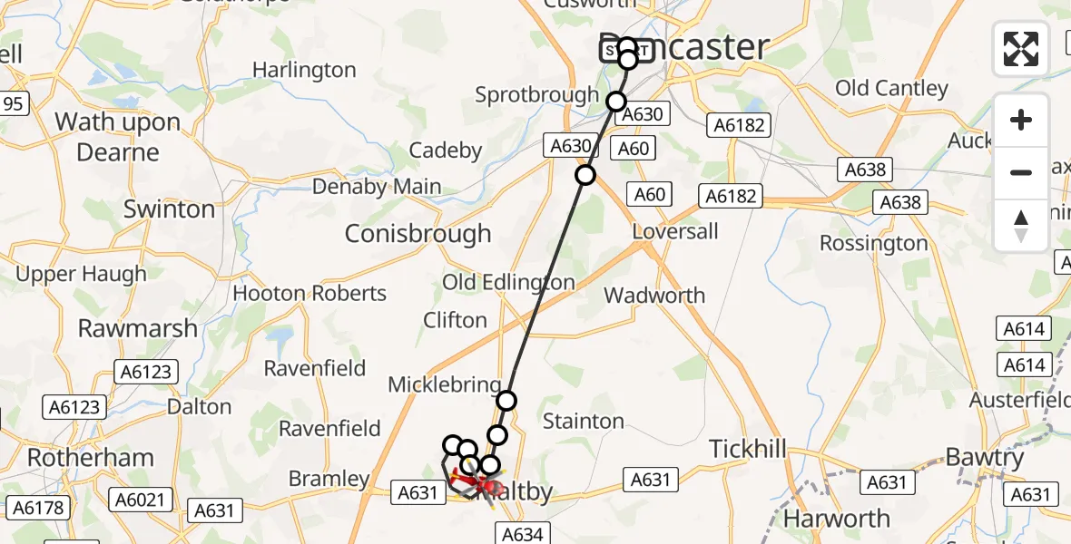 Flight path map showing Air Ambulance Helicopter route from Cusworth to Maltby