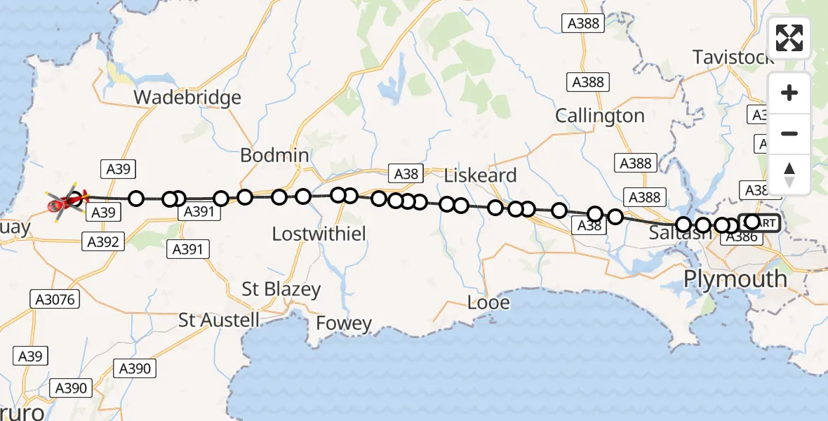 Flight route Air Ambulance Helicopter Derriford Hospital - Cornwall Airport Newquay, 01 May 2026, 09:19
