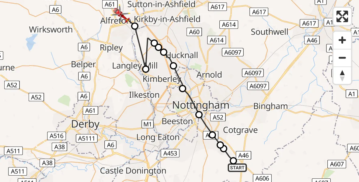 Flight path map showing Air Ambulance Helicopter route from Widmerpool to Bolsover