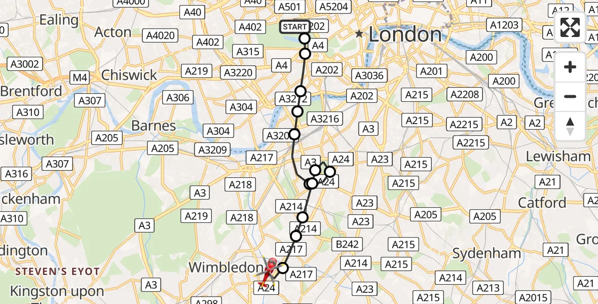 Flight path map showing Air Ambulance Helicopter route from City of Westminster to Collier's Wood