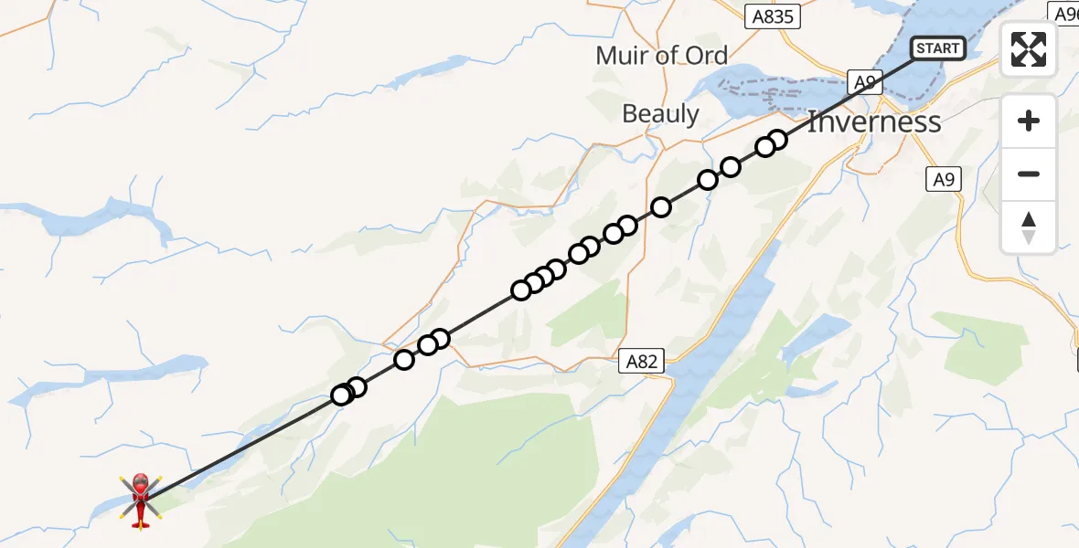 Flight path map showing Air Ambulance Helicopter route from Inverness to Highland
