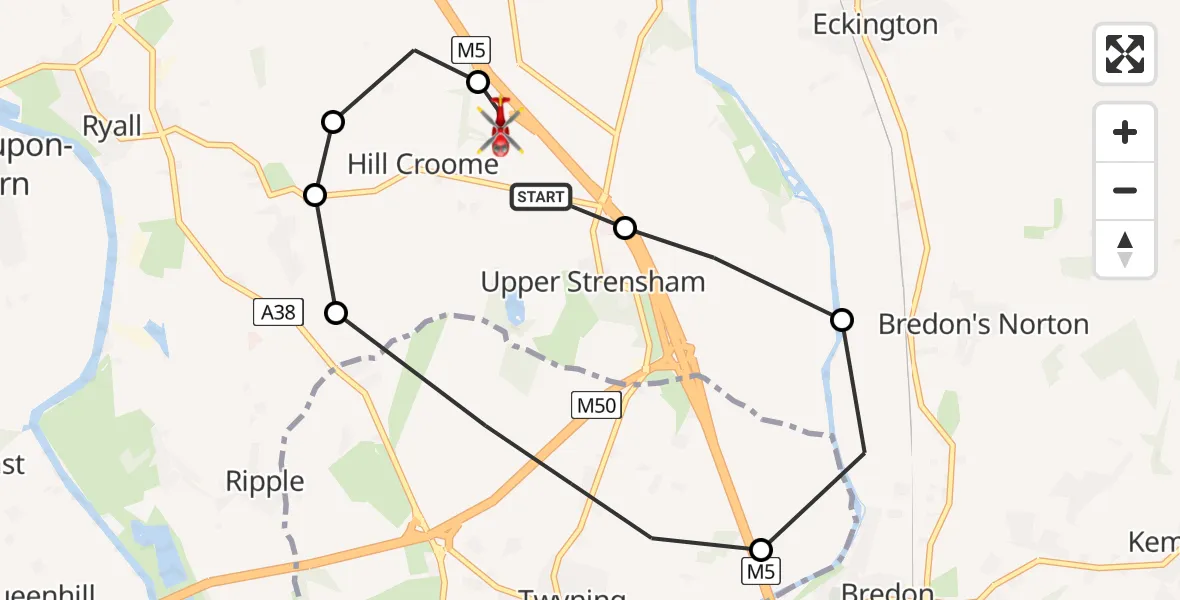 Flight path map showing Air Ambulance Helicopter route from Upper Strensham to Upper Strensham
