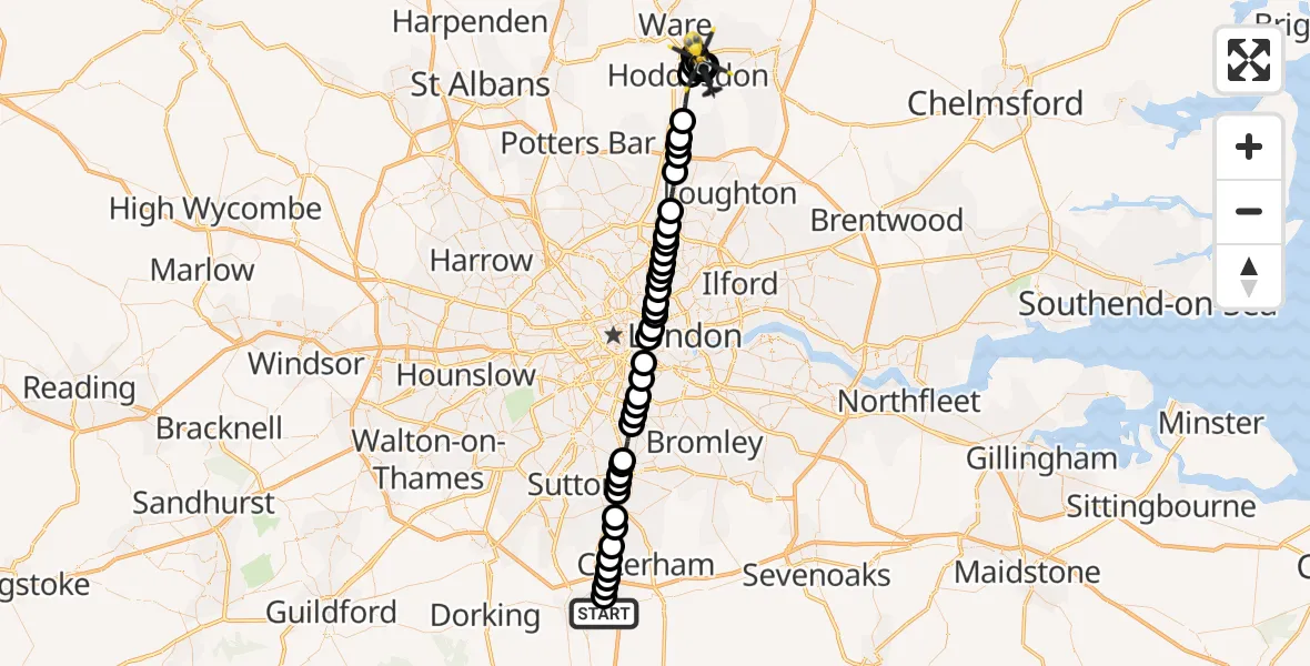 Flight path map showing Police Helicopter route from South Nutfield to Stanstead Abbots
