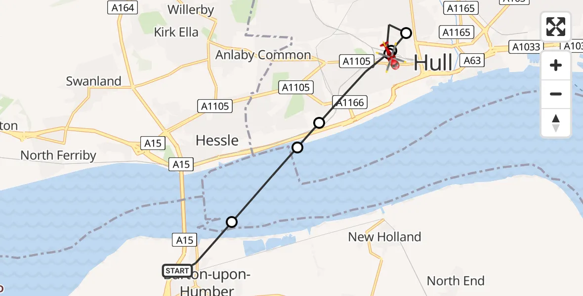 Flight path map showing Air Ambulance Helicopter route from Barton-upon-Humber to Hull Royal Infirmary
