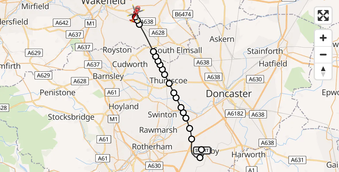 Flight path map showing Air Ambulance Helicopter route from Maltby to Sharlston