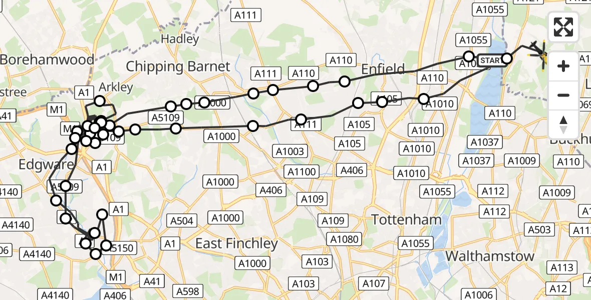 Flight path map showing Police Helicopter route from King George V Reservoir to Sewardstonebury