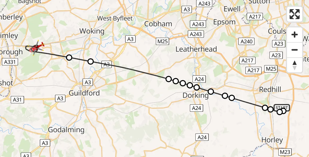 Flight path map showing Air Ambulance Helicopter route from Redhill Aerodrome to Guildford