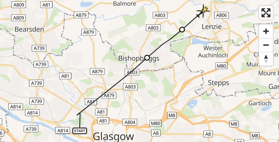 Flight path map showing Police Helicopter route from Glasgow to Kirkintilloch