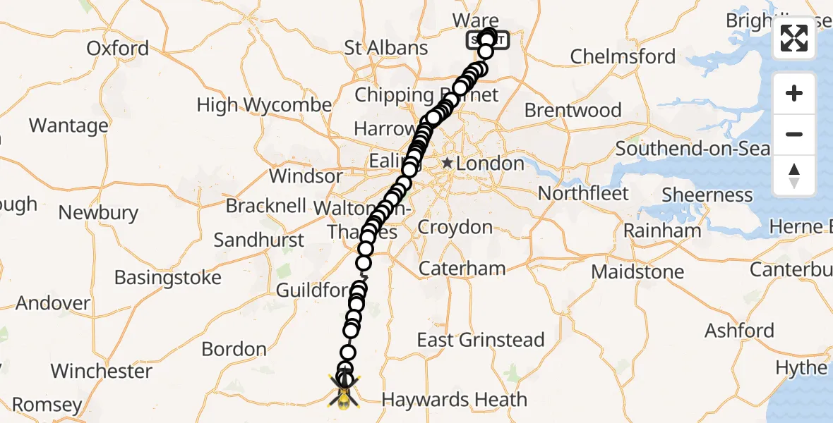 Flight path map showing Police Helicopter route from Stanstead Abbots to Wisborough Green
