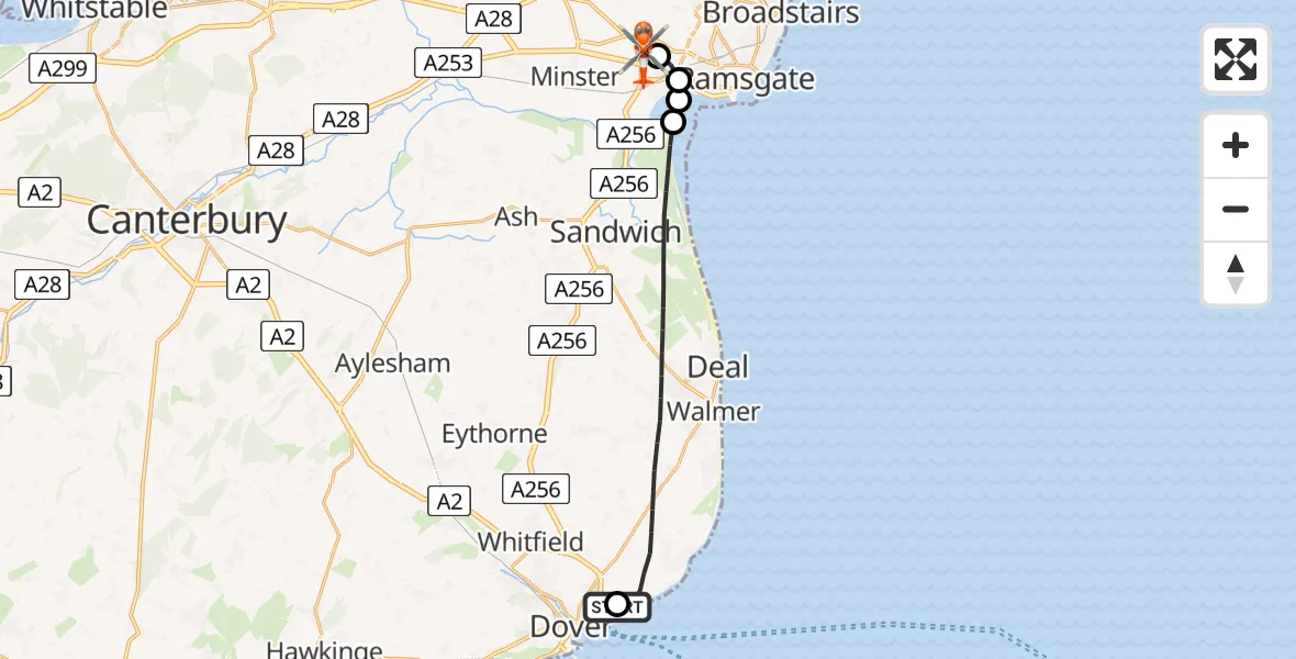 Flight path map showing Coastguard Helicopter route from Langdon Battery Heliport to Manston Airport