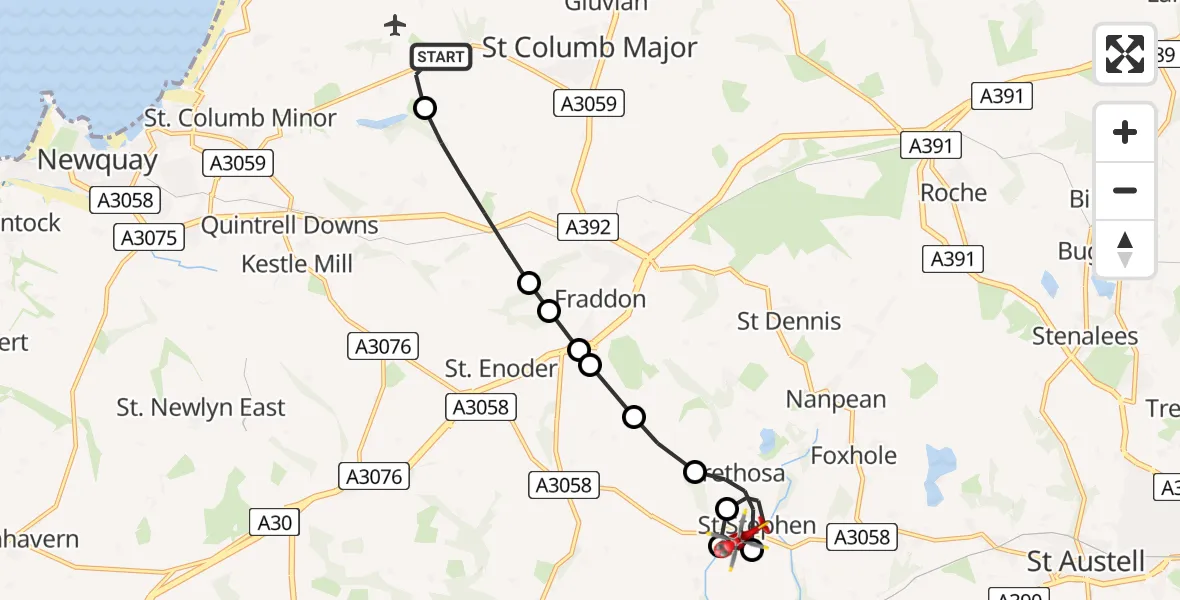 Flight path map showing Air Ambulance Helicopter route from Cornwall Airport Newquay to Trethosa