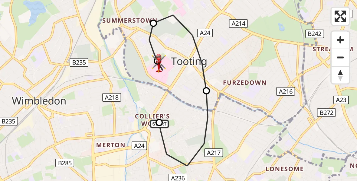Flight path map showing Air Ambulance Helicopter route from Collier's Wood to St Georges Hospital