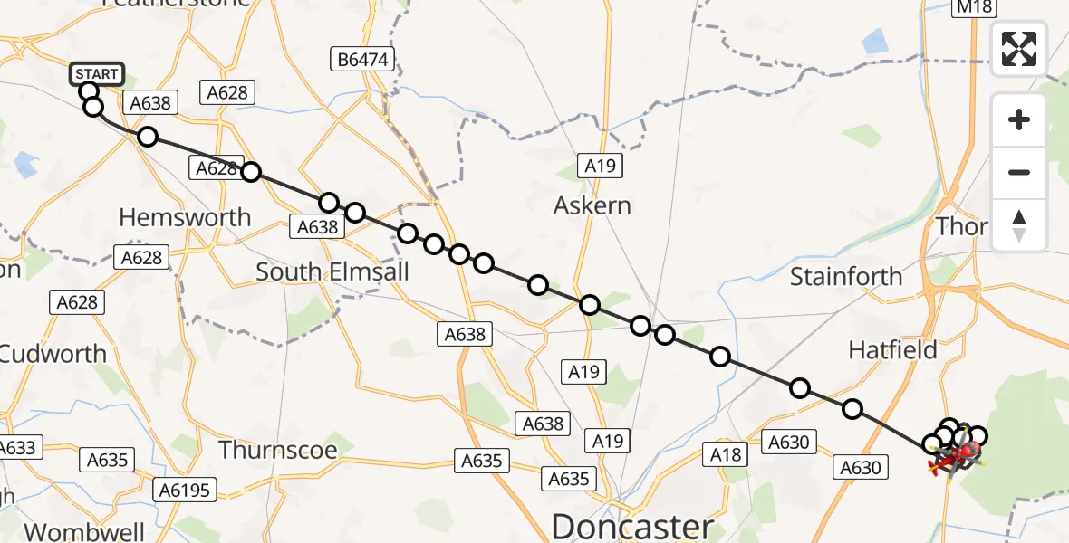 Flight path map showing Air Ambulance Helicopter route from YAA Nostell Helicopter Port to Hatfield