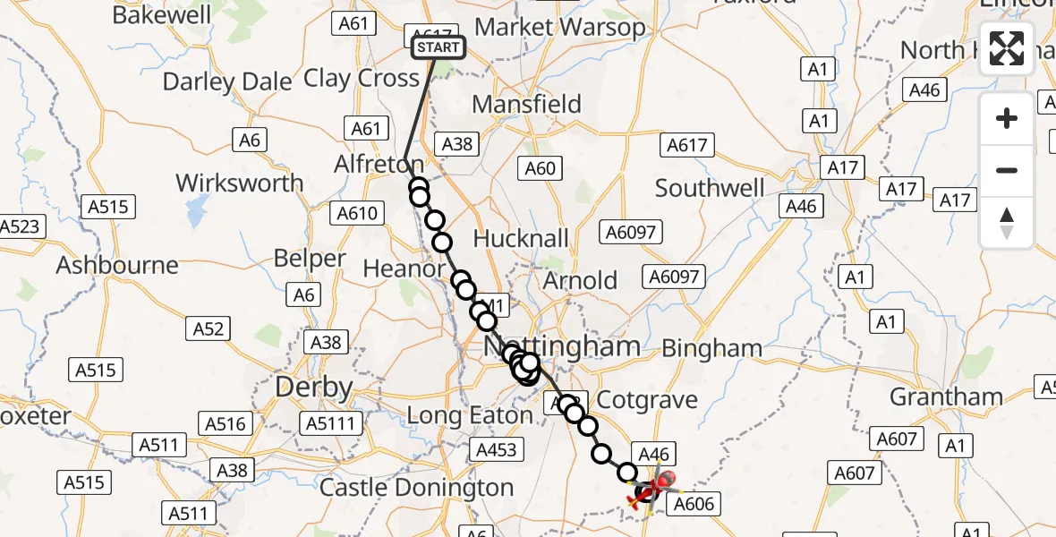 Flight path map showing Air Ambulance Helicopter route from Bolsover to Nottingham Heliport