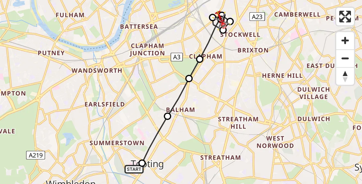 Flight path map showing Air Ambulance Helicopter route from St Georges Hospital to Clapham