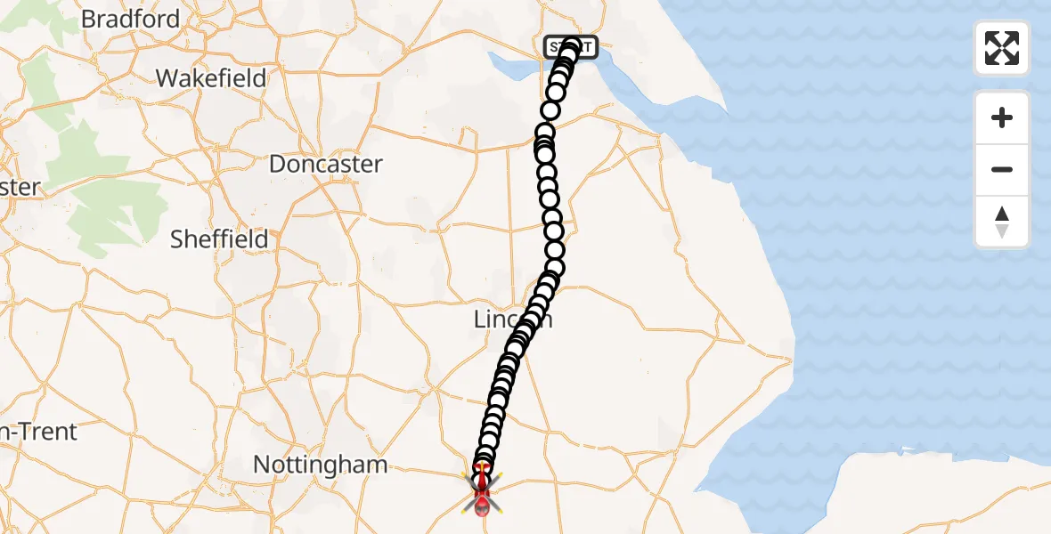 Flight path map showing Air Ambulance Helicopter route from Hull Royal Infirmary to Grantham