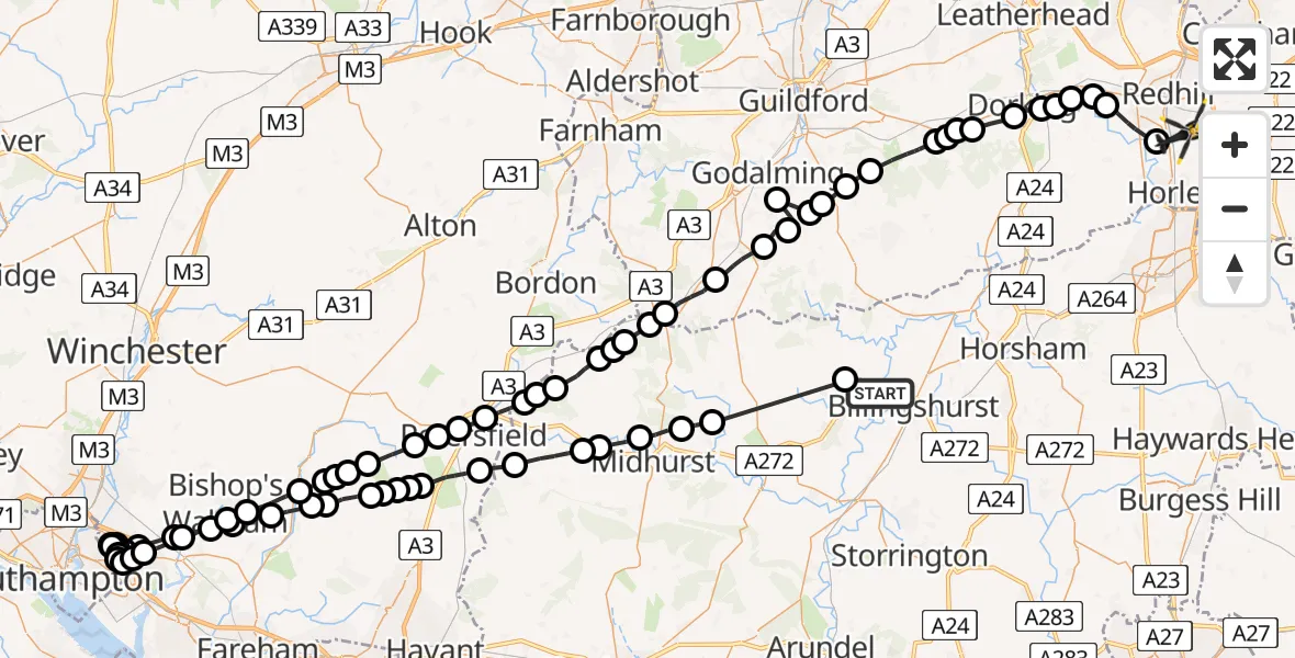 Flight path map showing Police Helicopter route from Wisborough Green to Redhill Aerodrome
