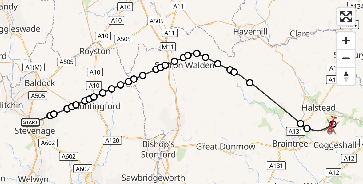 Flight path map showing Air Ambulance Helicopter route from Stevenage to Earls Colne Airfield