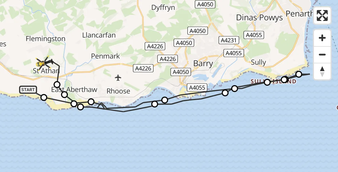 Flight path map showing Police Helicopter route from St Athan to MOD St Athan