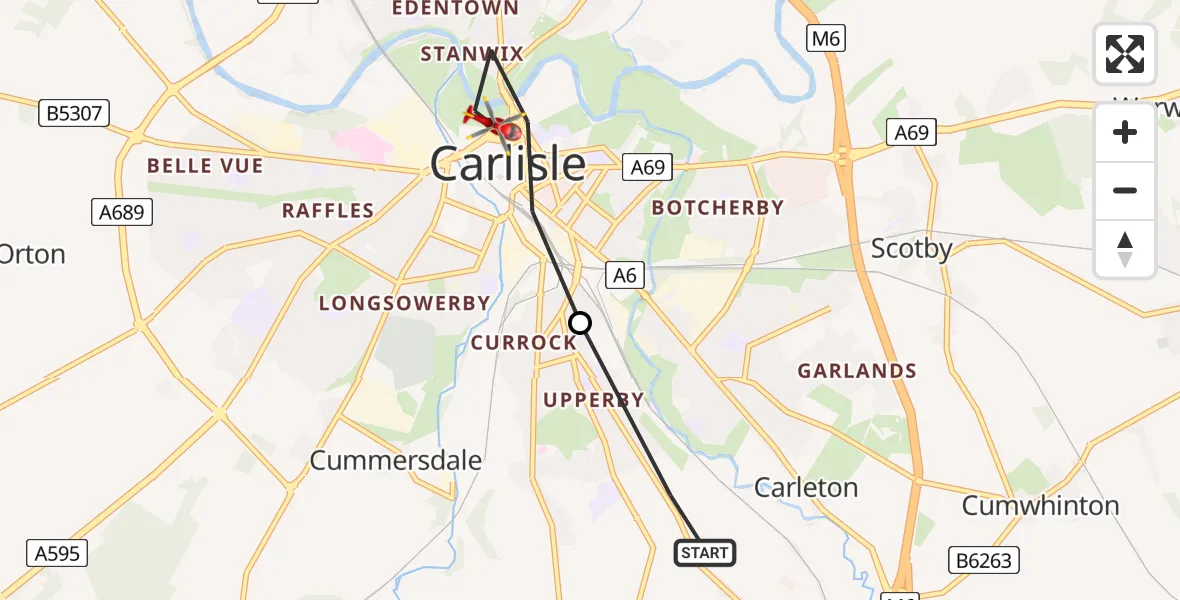 Flight path map showing Air Ambulance Helicopter route from Blackwell to Carlisle