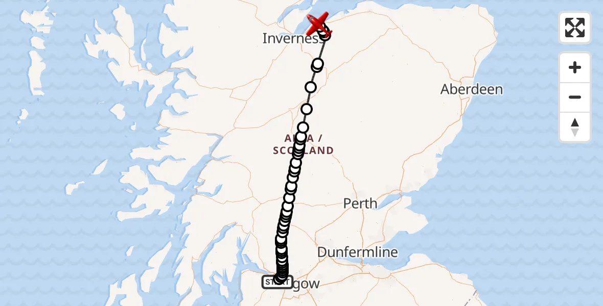 Flight path map showing Air Ambulance Aircraft route from Glasgow Airport to Nairn