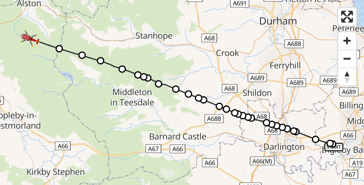 Flight path map showing Air Ambulance Helicopter route from Egglescliffe to Alston Moor