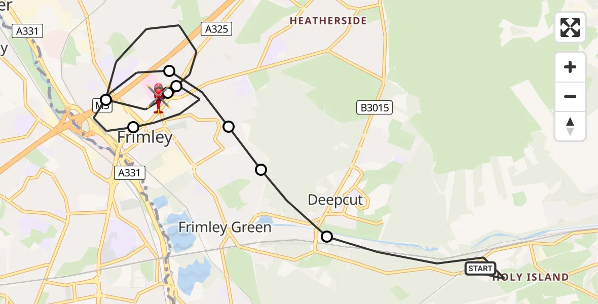 Flight path map showing Air Ambulance Helicopter route from Guildford to Frimley Park Hospital