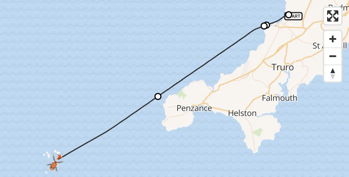 Flight path map showing Coastguard Helicopter route from Cornwall Airport Newquay to North Atlantic Ocean