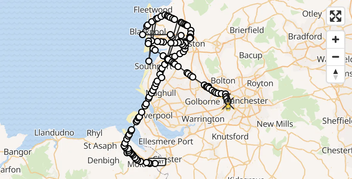 Flight path map showing Police Helicopter route from Hawarden Airport to Manchester Barton Aerodrome