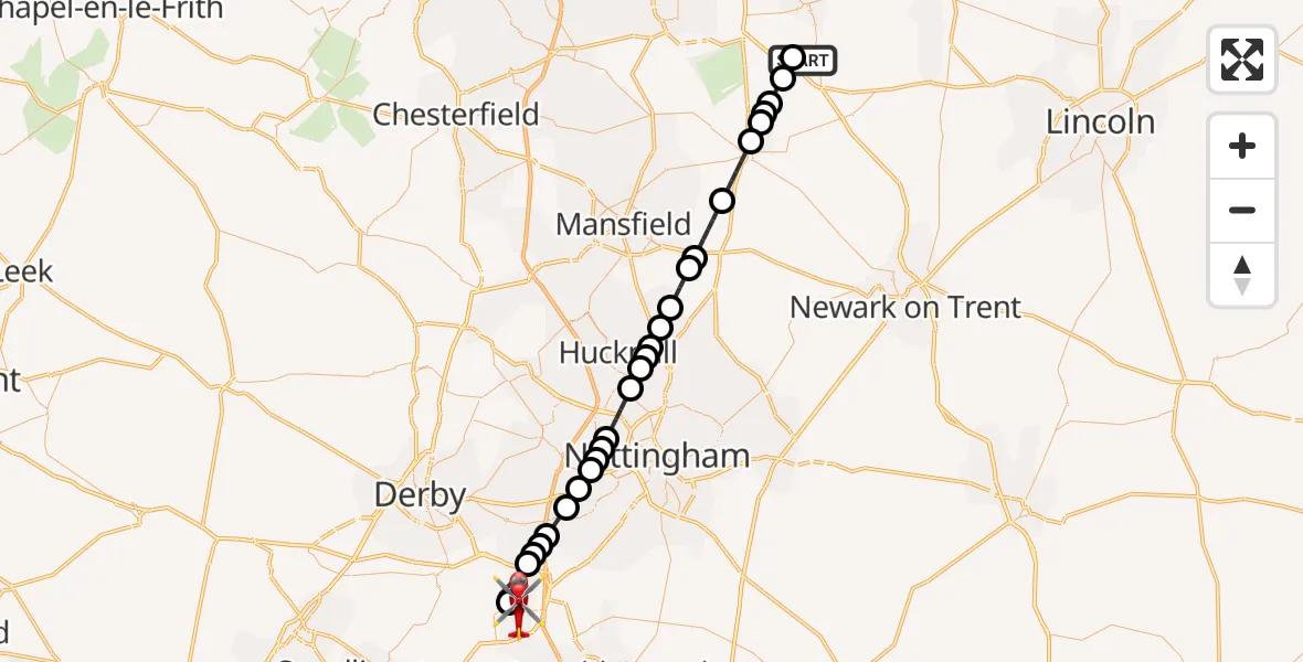 Flight path map showing Air Ambulance Helicopter route from Retford Gamston Airport to East Midlands Airport