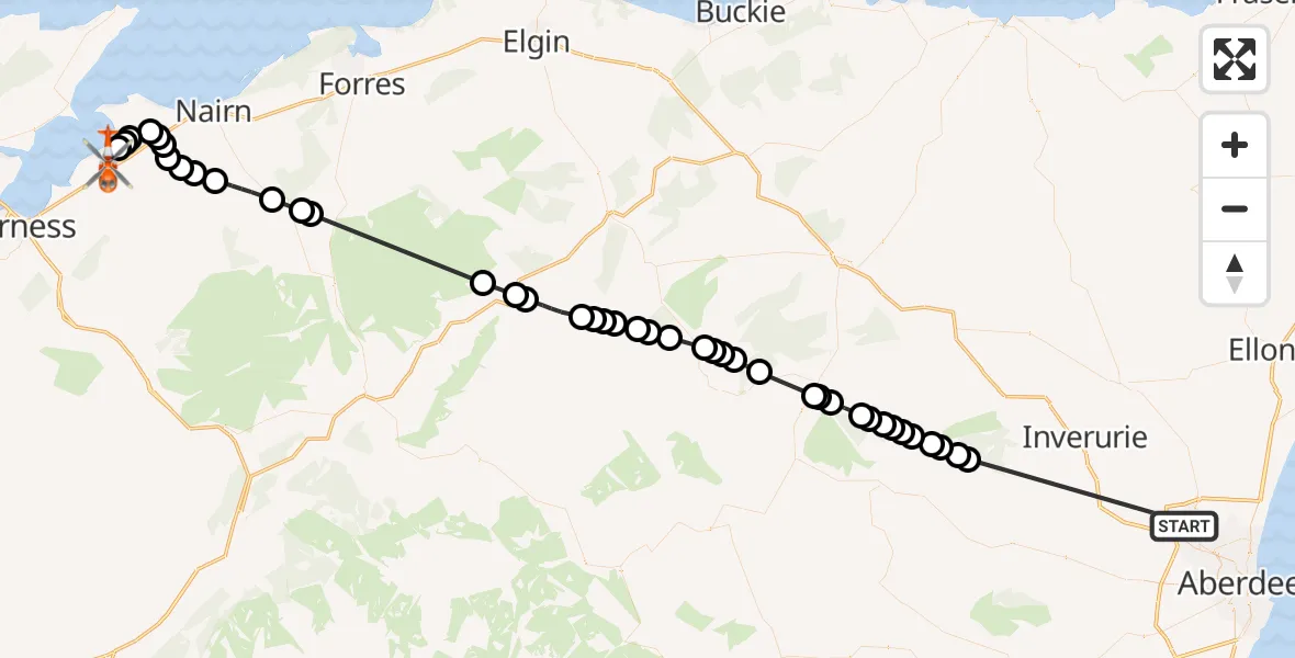 Flight path map showing Coastguard Helicopter route from Aberdeen International Airport to Inverness Airport