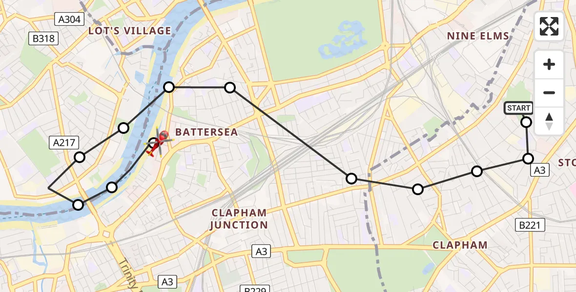 Flight path map showing Air Ambulance Helicopter route from Stockwell to London Heliport