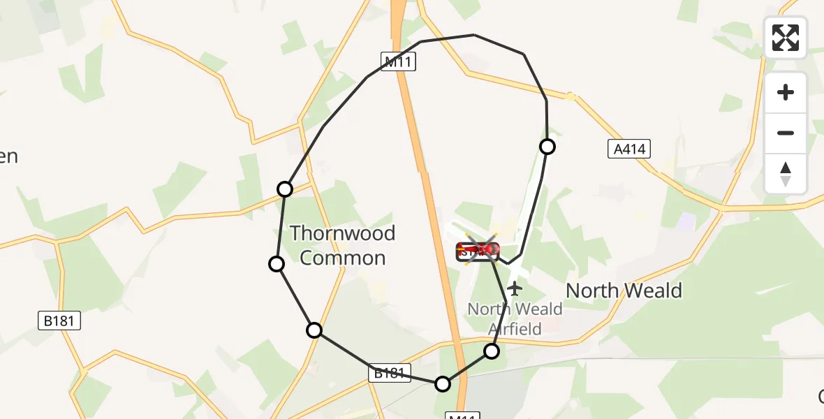 Flight path map showing Air Ambulance Helicopter route from North Weald Airfield to North Weald Airfield